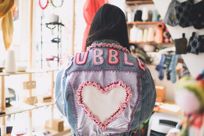 Fashion blogger Susie Bubble wearing a jacket customised by Katie Jones. Photo by Rachel Manns