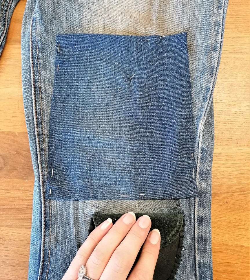 My first mending/patch project. The inner thigh area of my jeans was  looking kinda rough. I know it's not great, and I started running out of  thread in the middle, which is